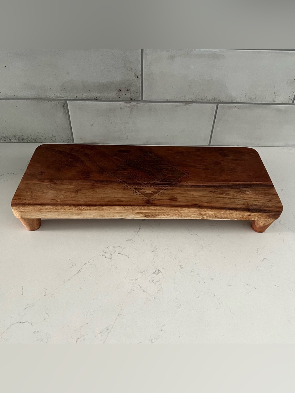 Acacia Wood Wooden Footed Tray with Aztec Engraving